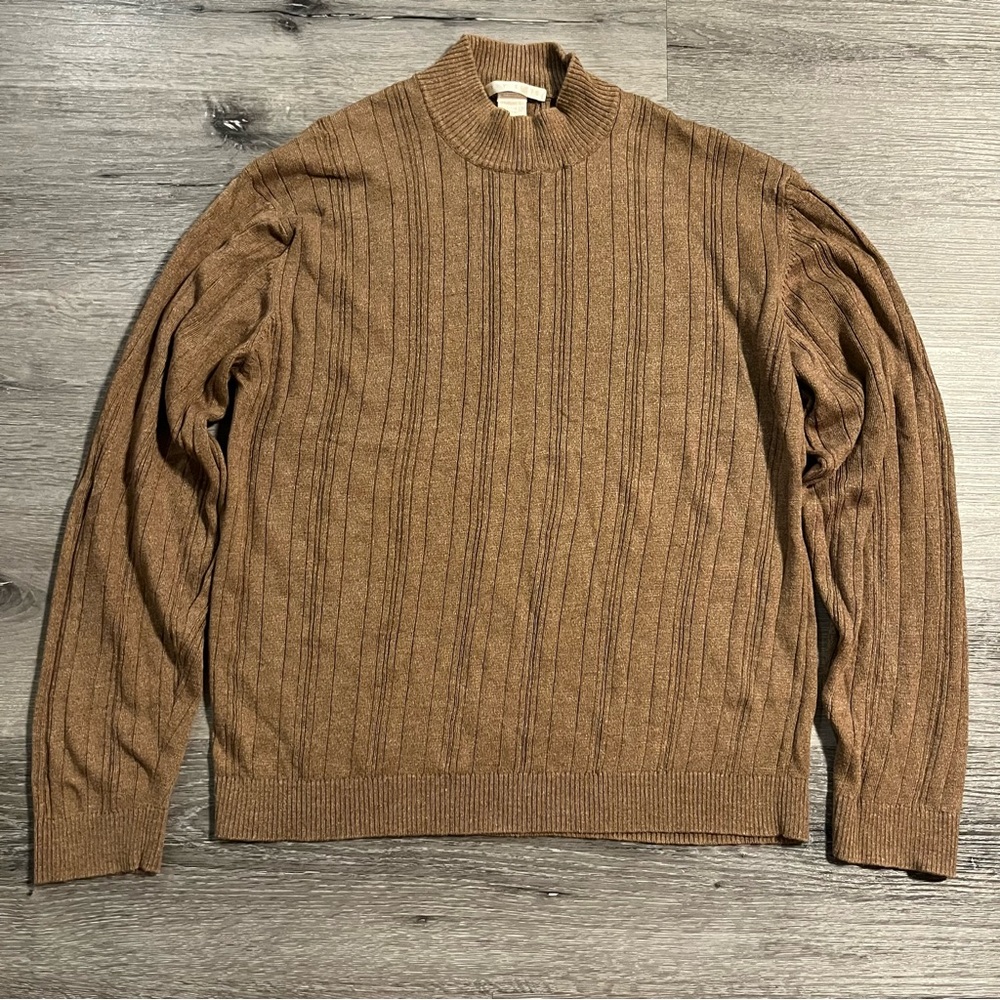 Vintage 90s Perry Ellis Ribbed Lightweight Knit Silk Cotton Brown Sweater Large